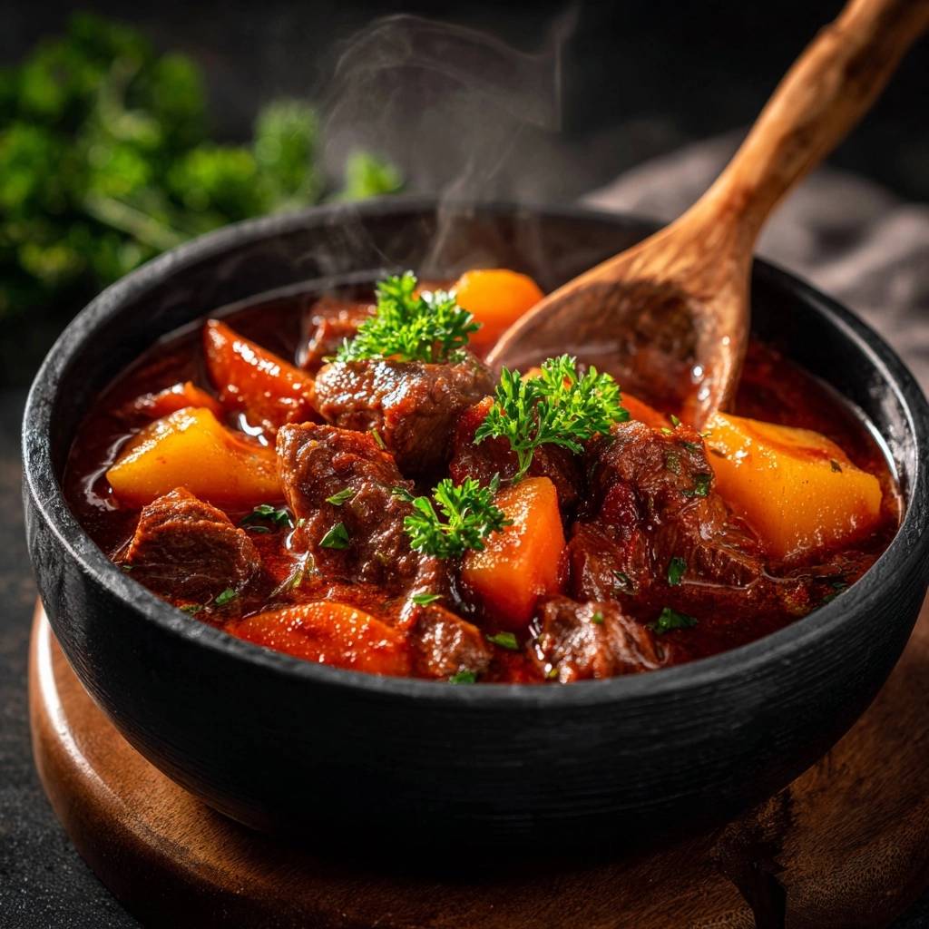 Rustikales Rindergulasch mit Kürbis und Karotten, serviert in einer Schüssel mit einem Holzlöffel und frischer Petersilie.