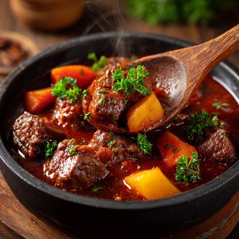 Rustikales Rindergulasch mit Kürbis und Karotten, serviert auf einem Holzlöffel mit frischer Petersilie garniert.