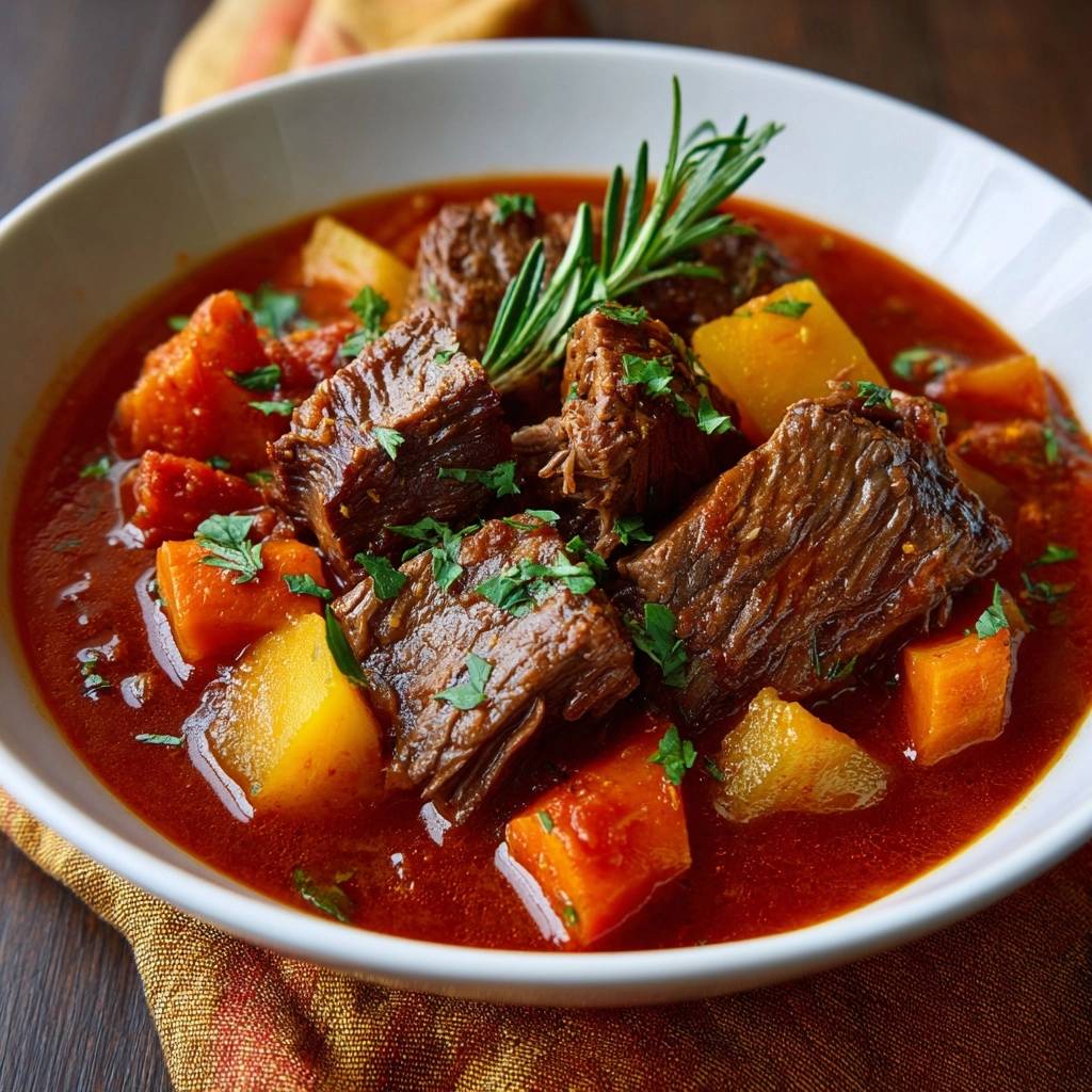 Rustikales Rindergulasch mit Kartoffeln, nah aufgenommen und mit Rosmarin und Petersilie garniert serviert.