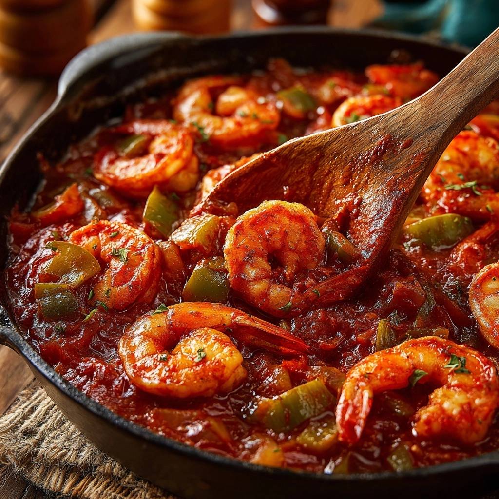 Saftige Garnelen in Paprika-Tomatensoße, nah aufgenommen mit einem Holzkochlöffel, der eine Garnele anhebt.