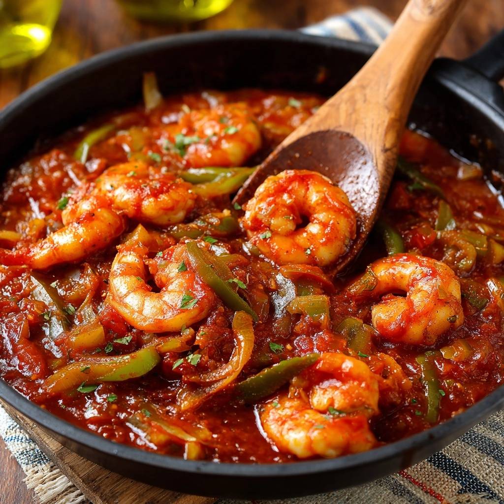 Saftige Garnelen in Paprika-Tomatensoße mit einem Holzlöffel, Nahaufnahme der saftigen Garnelen in der Soße.