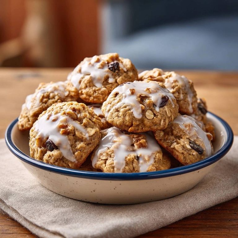 Saftige Haferkekse mit Rosinen, Walnüssen und Zuckerguss, detaillierte Nahaufnahme des glasierten Zuckergusses auf den Keksen.