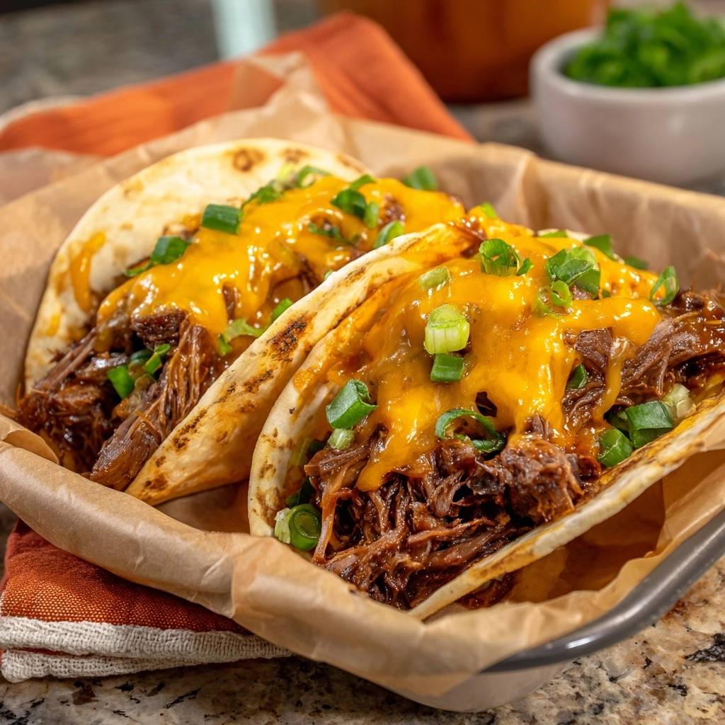 Saftige Pulled Beef Tacos mit Cheddar und Frühlingszwiebeln, Nahaufnahme der Füllung und des geschmolzenen Käses.