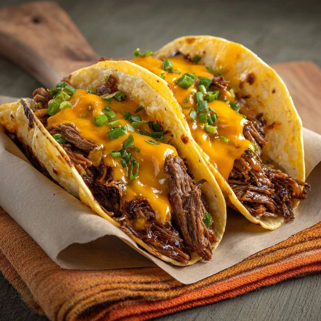 Saftige Pulled Beef Tacos mit Cheddar, Nahaufnahme von zwei gefüllten Tortillas mit geschmolzenem Käse und Frühlingszwiebeln.