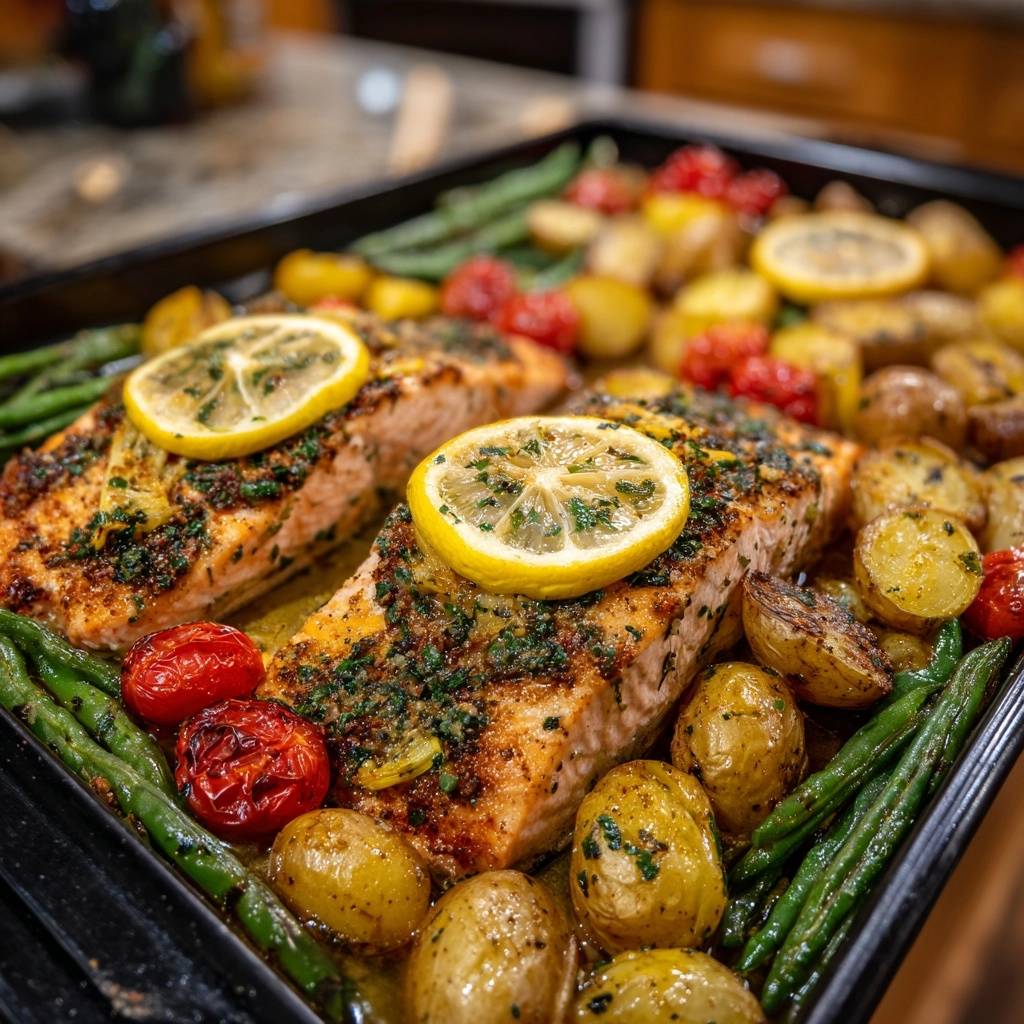 Saftiger Ofenlachs mit Babykartoffeln, Bohnen & Tomaten, mit Zitronenscheiben und Kräutern garniert auf einem Backblech