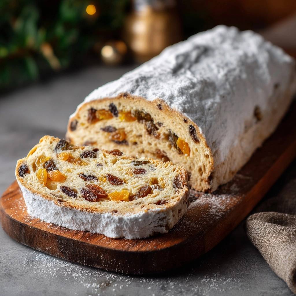 Saftiger Weihnachtsstollen angeschnitten auf einem Holzbrett mit Puderzucker bestäubt, zeigt Rosinen und kandierte Früchte im Inneren.