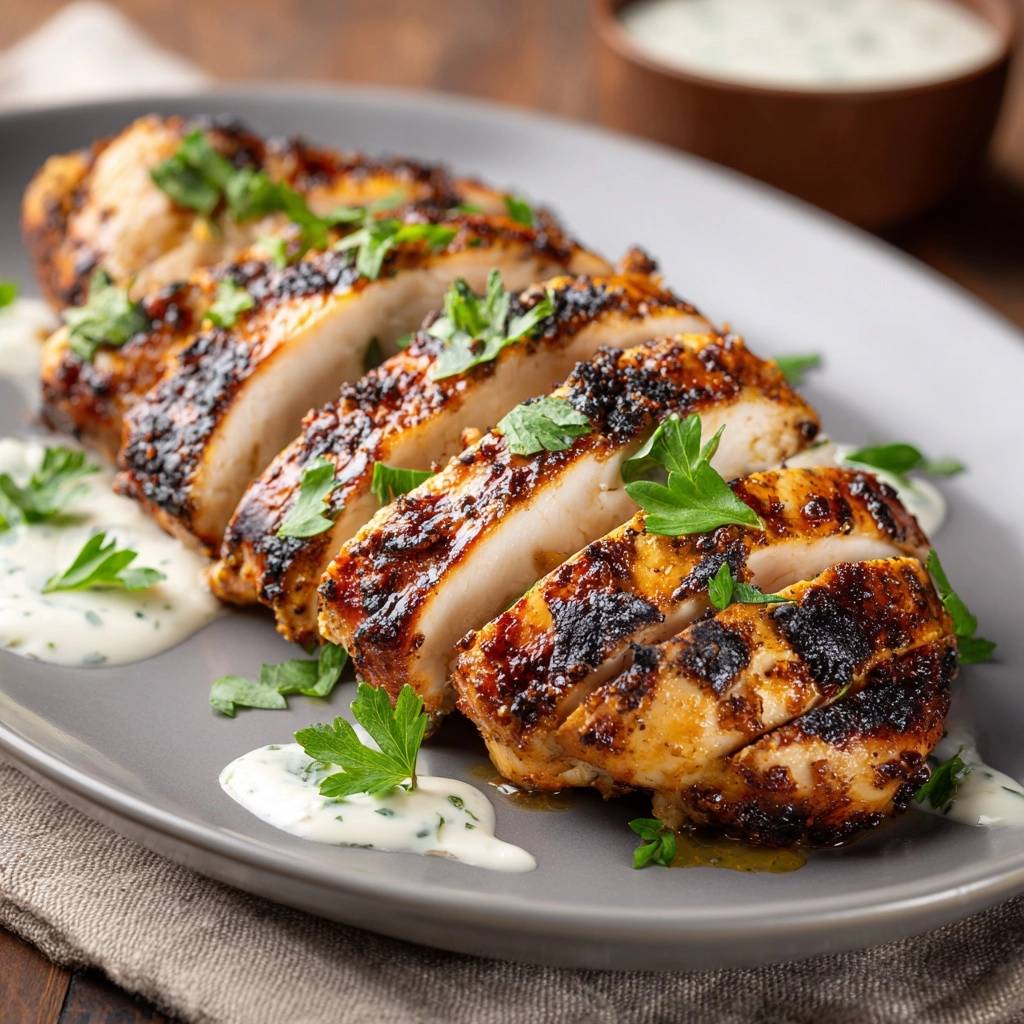 Saftiges gegrilltes Hähnchen mit Joghurt-Honig-Sauce, angeschnitten und mit frischer Petersilie garniert auf einem Teller.