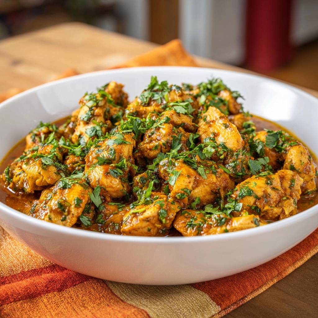 Saftiges Hähnchen-Curry mit Koriander, eine Nahaufnahme des Gerichts, das frisch mit Koriander garniert ist.
