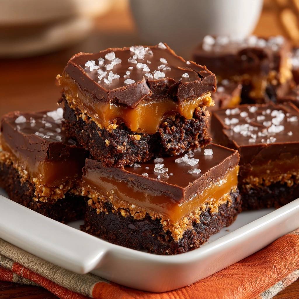 Salzkaramell-Schokoladen-Brownies mit Meersalzflocken, gestapelt auf einer weißen Platte mit Nahaufnahme des geschichteten Inneren.