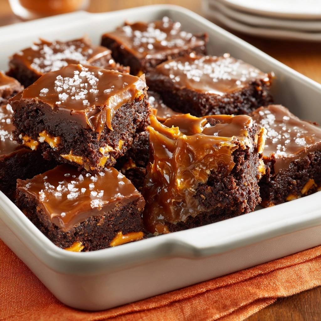 Salzkaramell-Schokoladen-Brownies mit Meersalzflocken und sichtbaren Karamellschichten, nah aufgenommen.