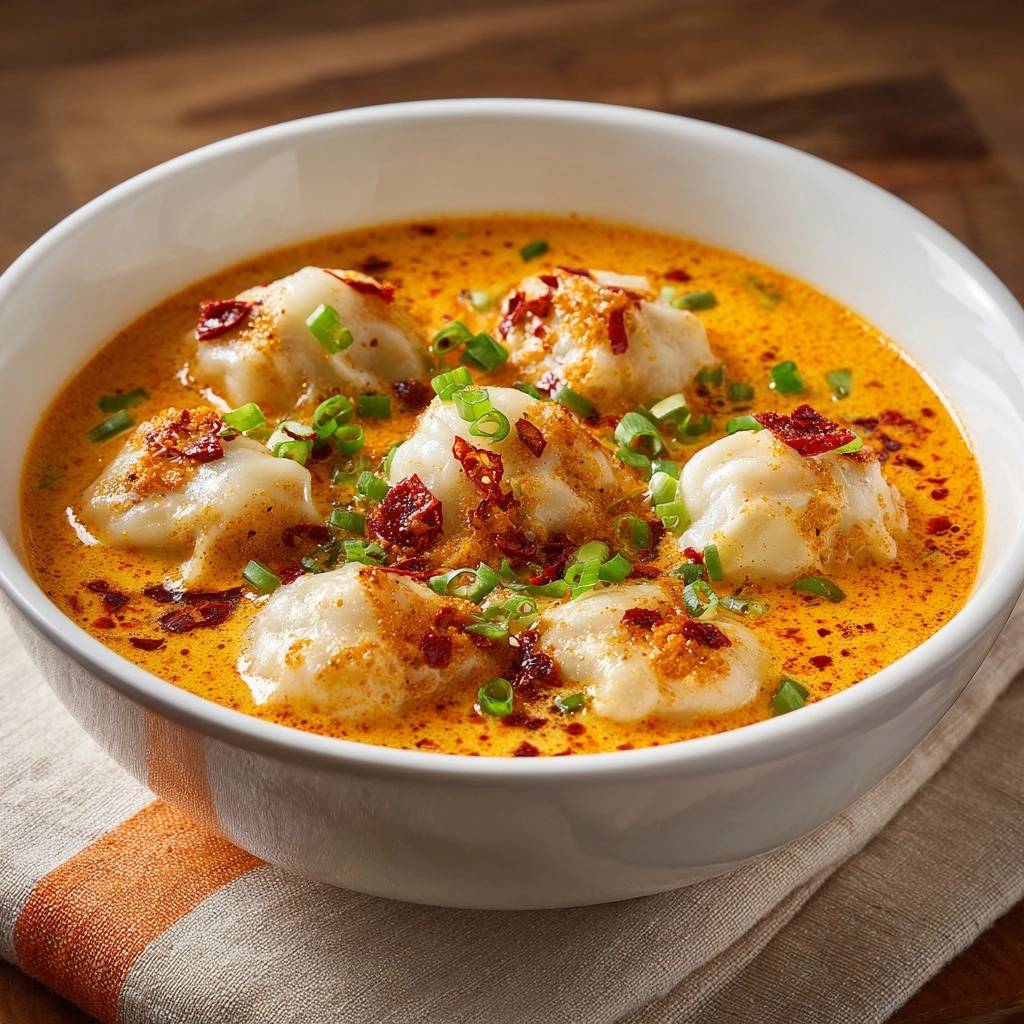Scharfe Chili-Wonton-Suppe mit Garnitur aus Frühlingszwiebeln und getrockneten Chilis in einer weißen Schüssel.