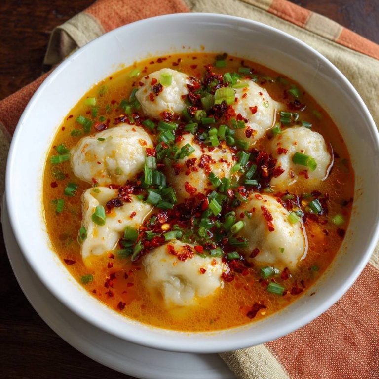 Scharfe Chili-Wonton-Suppe mit frischen Frühlingszwiebeln und Chiliflocken, nahaufnahme garniert