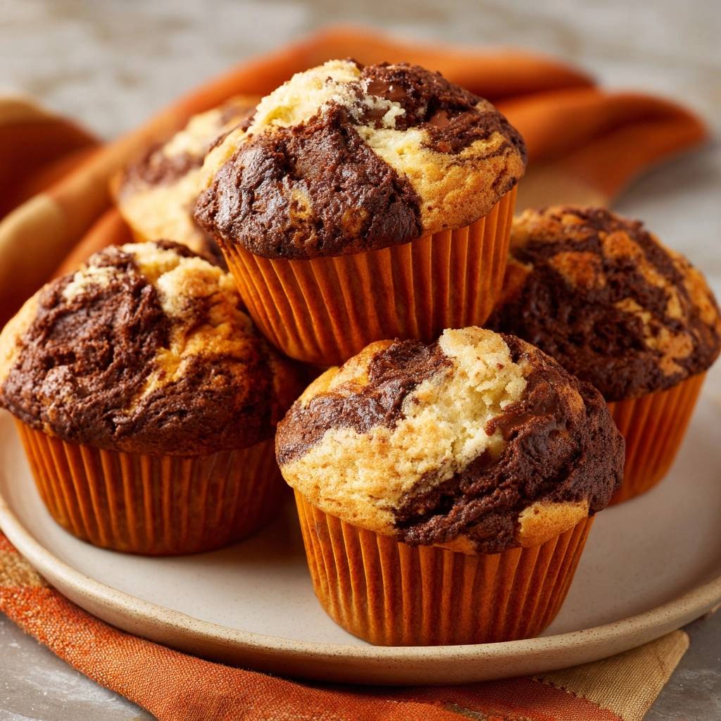 Schoko-Bananen-Marmormuffins sind auf einem Teller gestapelt, die Nahaufnahme zeigt die marbelierte Textur innen und außen.