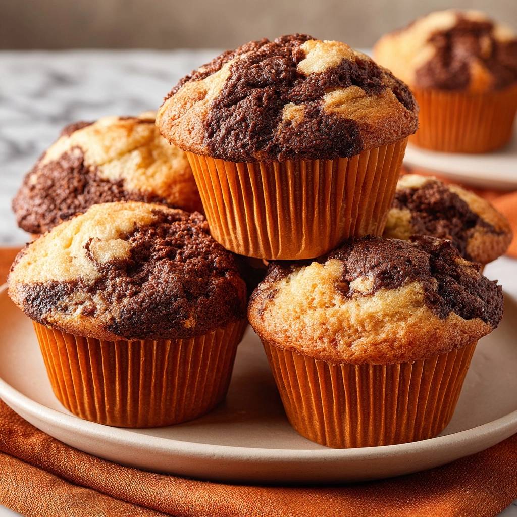Schoko-Bananen-Marmormuffins, ein Stapel frisch gebackener Muffins mit Schokoladen- und Bananenteig, auf einem Teller angerichtet.