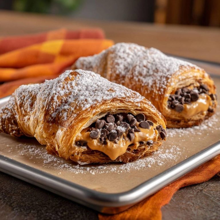 Schoko-Erdnuss-Croissants mit reicher Erdnussbutter-Schoko-Füllung und Puderzucker, Nahaufnahme des saftigen Inneren.