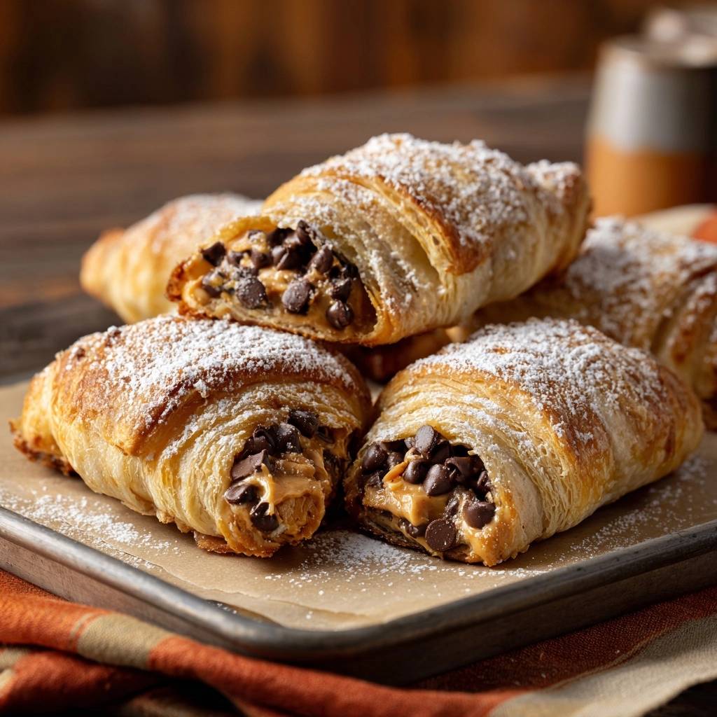 Schoko-Erdnuss-Croissants mit einem köstlichen Schoko-Erdnuss-Füllungs-Querschnitt, bestäubt mit Puderzucker.