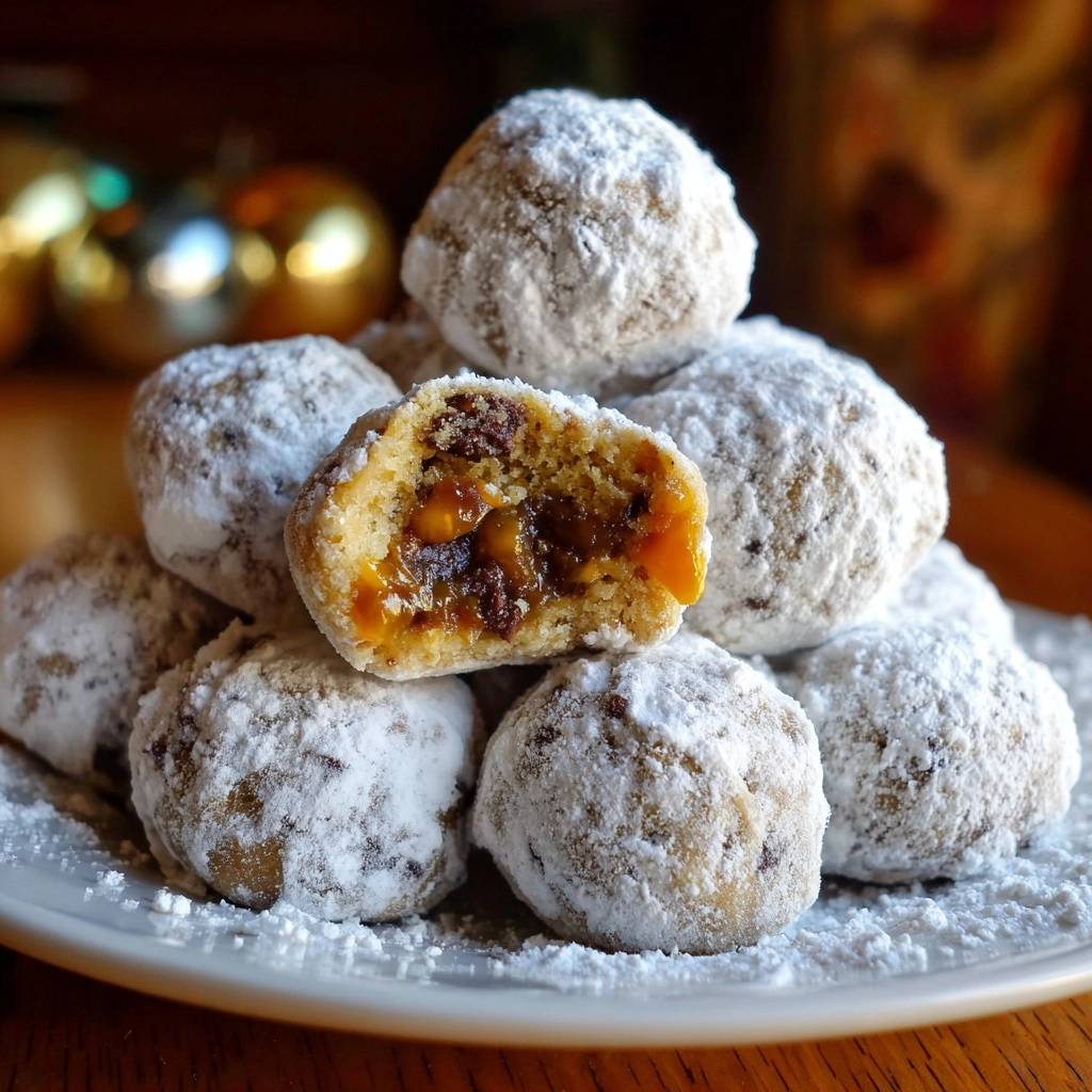 Schoko-Karamell-Schneebällchen angeschnitten, die das saftige Innere mit Schokolade und Karamell offenbaren.