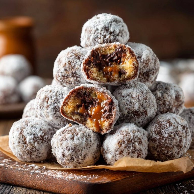 Schoko-Karamell-Schneebällchen angeschnitten und mit Puderzucker bestäubt, die das cremige Karamell und die Schokoladenstückchen im Inneren zeigen.