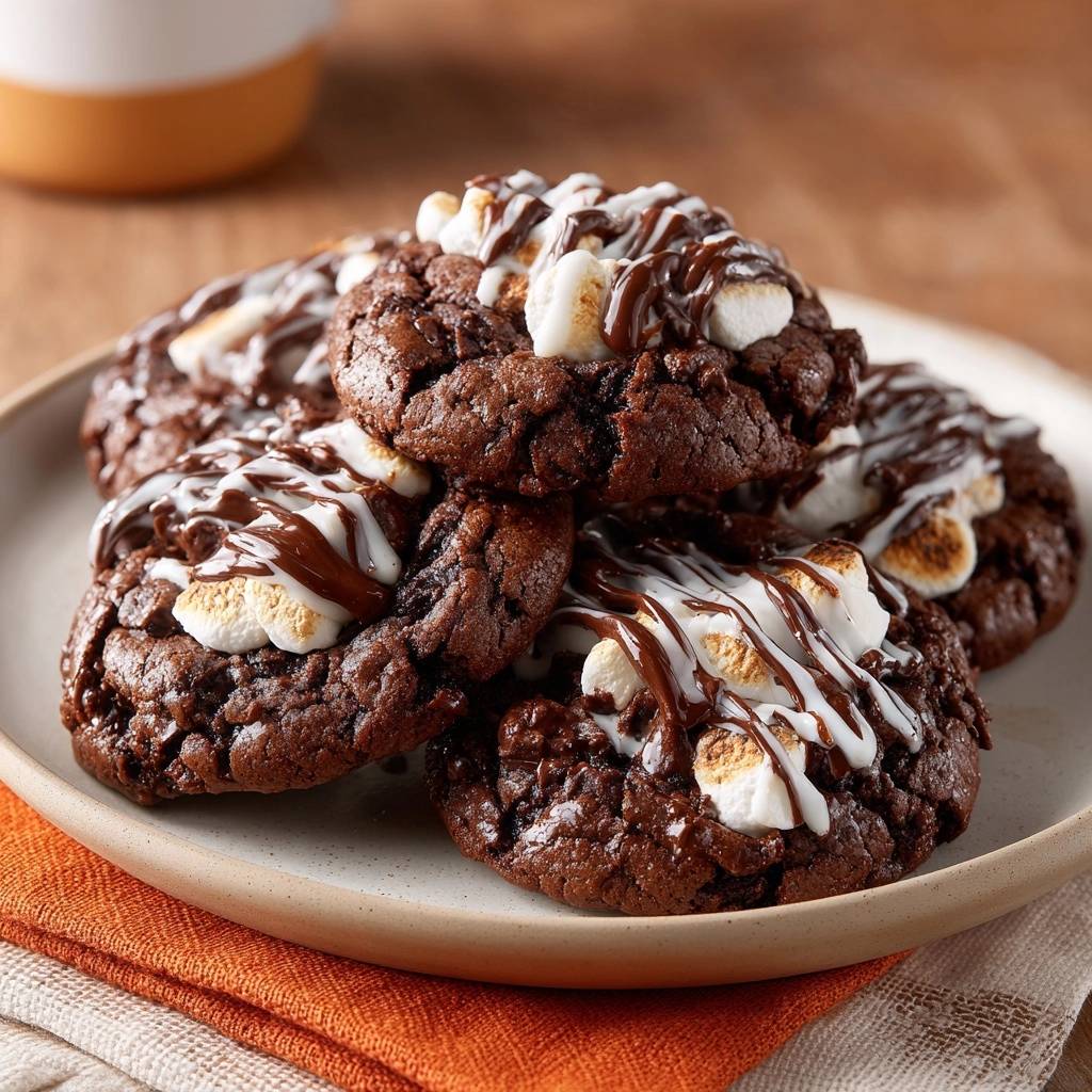 Ultimative Schoko-Marshmallow-Cookies mit geschmolzenen Marshmallows und Schokoladenglasur, nahaufnahme
