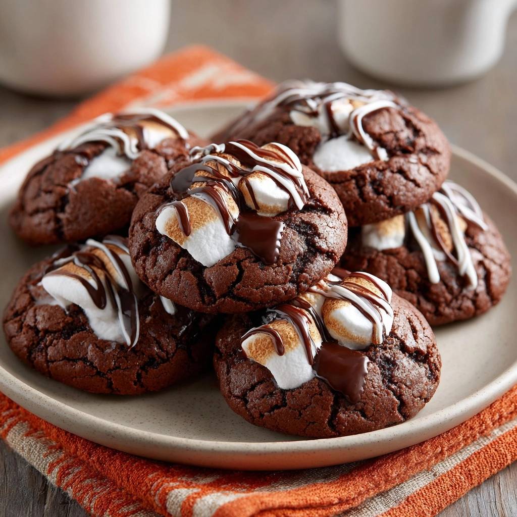 Ultimative Schoko-Marshmallow-Cookies mit geschmolzenem Marshmallow und Schokoladenglasur, nahaufnahme des toppings