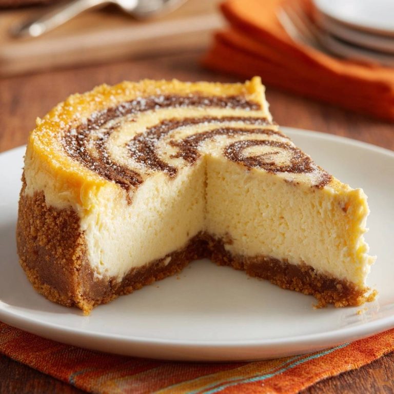 Schoko-Swirl Cheesecake angeschnitten auf einem Teller, mit sichtbarem Marmormuster und Keksboden.