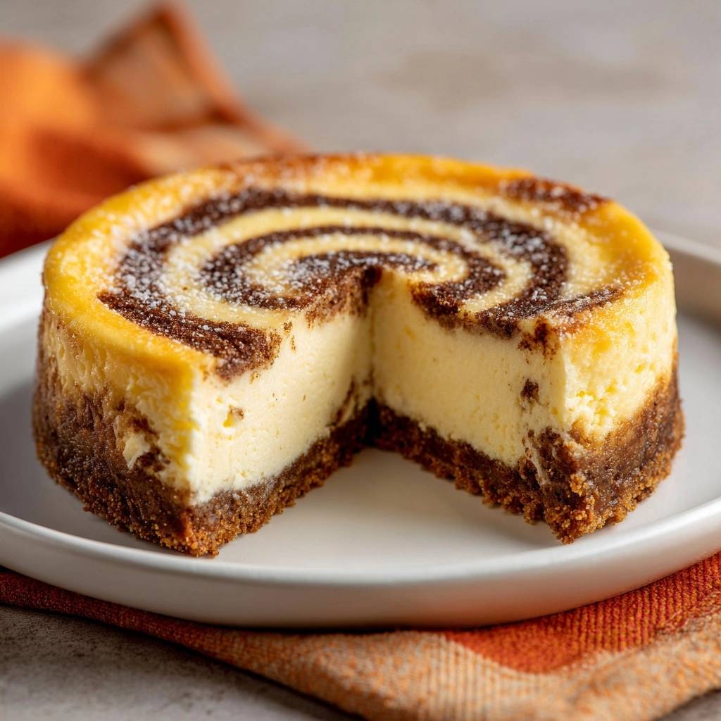 Schoko-Swirl-Cheesecake angeschnitten mit einem detaillierten Querschnitt, der die cremige Füllung und den schokoladigen Strudel zeigt.