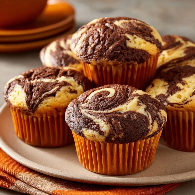 Schoko-Vanille-Marmor-Muffins, nah aufgenommen auf einem Teller mit orangen Förmchen, zeigen den wirbelnden Marmorkuchen.