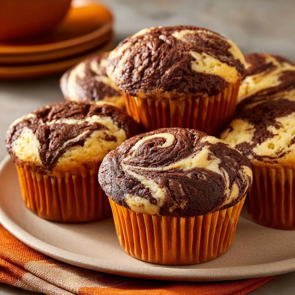 Schoko-Vanille-Marmor-Muffins, nah aufgenommen auf einem Teller mit orangen Förmchen, zeigen den wirbelnden Marmorkuchen.