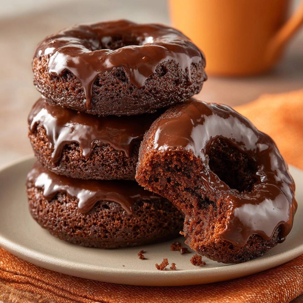 Schokoladen-Donuts, nahaufnahme eines angeschnittenen Donuts mit glänzender Schokoladenglasur und saftigem Inneren.