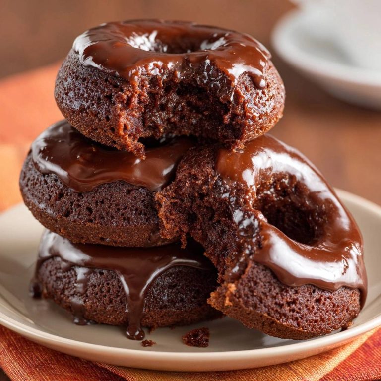 Schokoladen-Donuts, gestapelt und mit einem Biss darin, zeigen den saftigen Inneren der feuchten Schokoladenkuchen-Donuts.