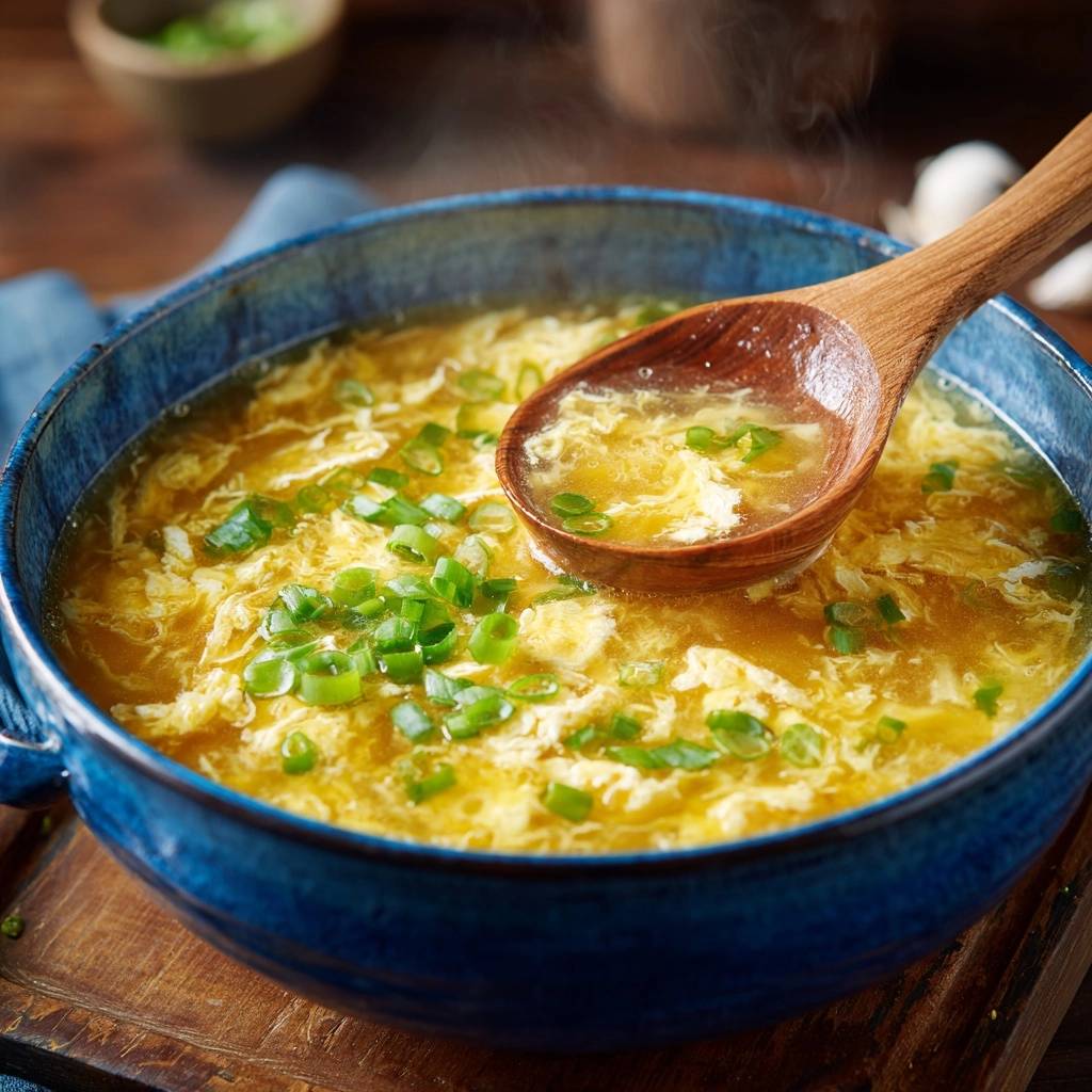 Seidige Eierfasernsuppe mit Frühlingszwiebeln und einem Holzlöffel, der die Textur zeigt.