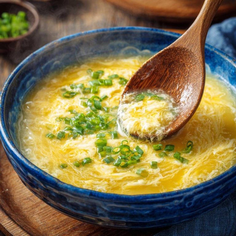 Seidige Eierfasernsuppe mit Löffel, der eine Portion aus der blauen Schüssel mit frischen Frühlingszwiebeln aufnimmt.