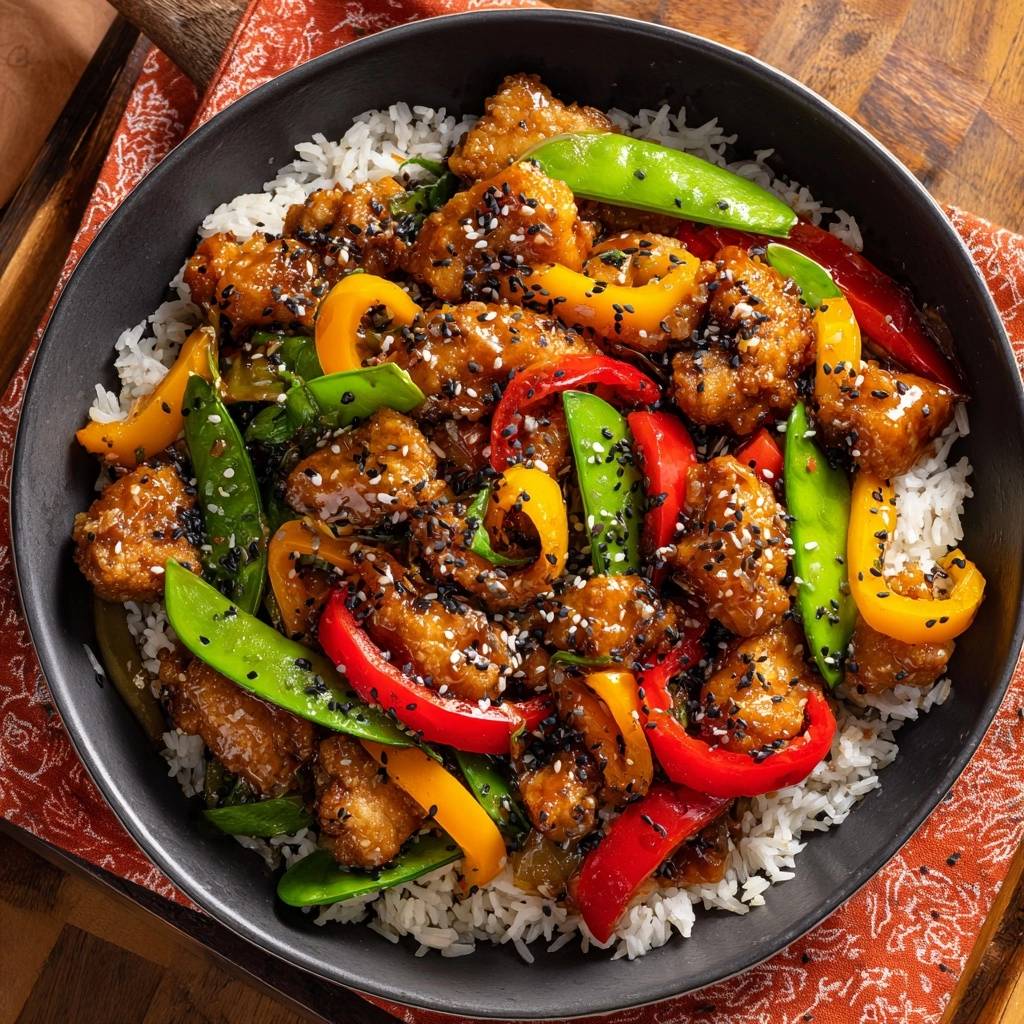 Knuspriges Sesam-Hähnchen-Wok mit Paprika, Nahaufnahme der saftigen Hähnchenstücke und knackigen Gemüsesorten.