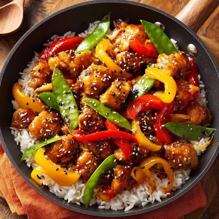 Knuspriges Sesam-Hähnchen-Wok mit Paprika, serviert in einer schwarzen Pfanne mit Reis und frischem Gemüse, aus der Vogelperspektive.