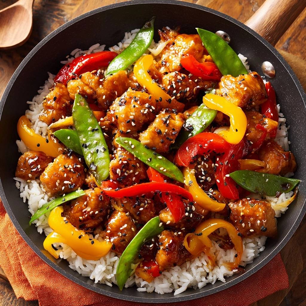 Knuspriges Sesam-Hähnchen-Wok mit Paprika, serviert in einer schwarzen Pfanne mit Reis und frischem Gemüse, aus der Vogelperspektive.