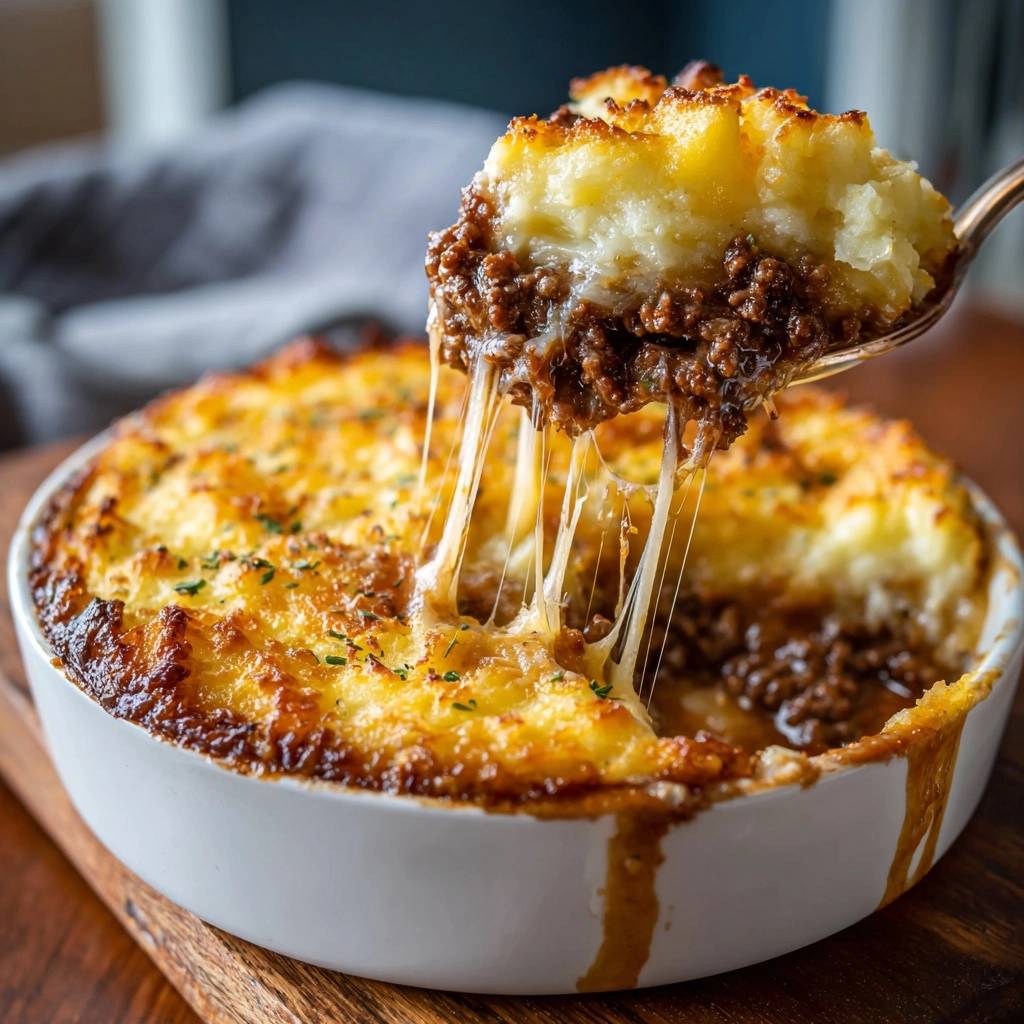 Shepherd’s Pie – cremiger Rindfleischauflauf mit Käse, der Fäden zieht, wird aus einer Auflaufform gehoben.