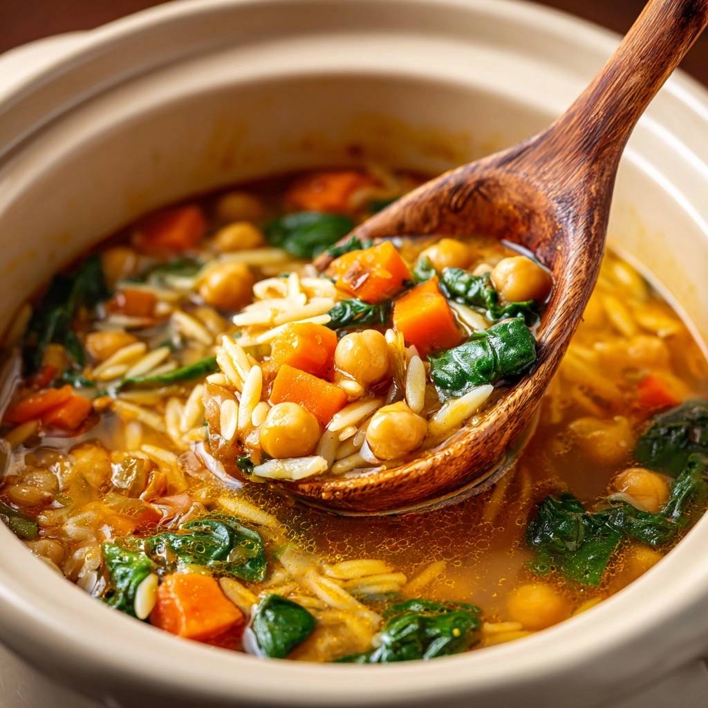 Slowcooker-Orzo-Eintopf mit Kichererbsen, Karotten & Spinat auf einem Holzlöffel aus der Nähe aufgenommen.