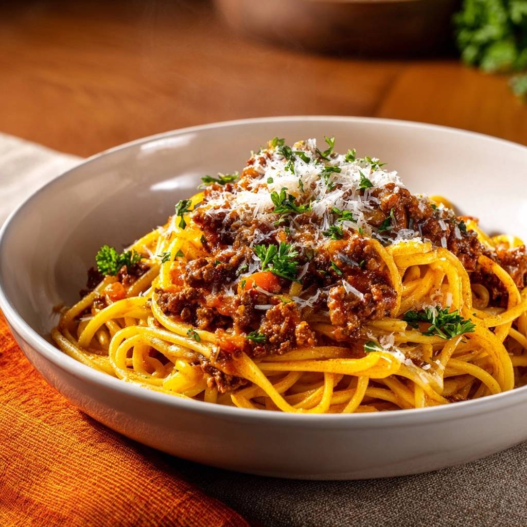 Spaghetti Bolognese mit Hackfleischsoße, garniert mit frisch geriebenem Parmesan und Petersilie in einer Schüssel.