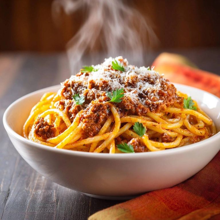 Spaghetti Bolognese mit dampfender Soße und geriebenem Parmesan, garniert mit Petersilie, in einer weißen Schüssel serviert.