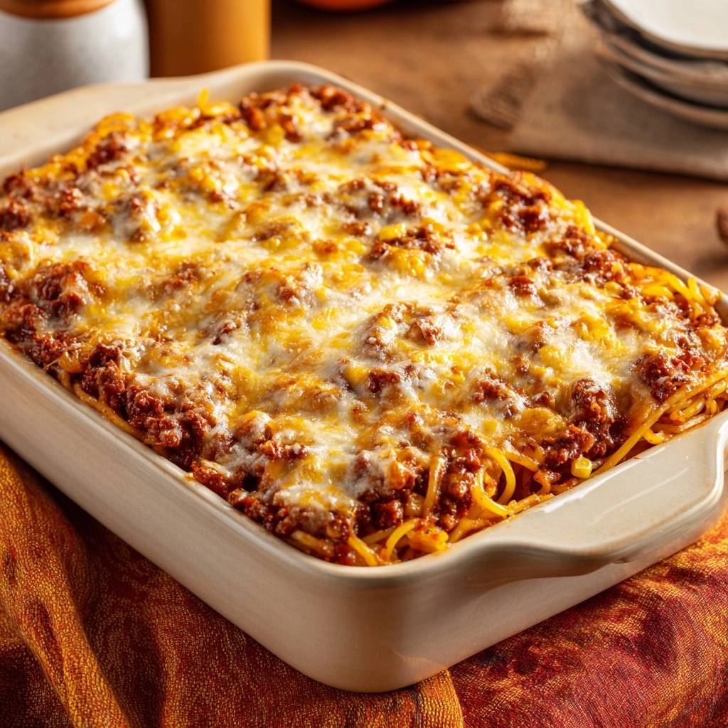 Spaghetti-Hack-Mais-Auflauf mit geschmolzenem Käse, Nahaufnahme des goldbraunen Käsebelags im Auflauf.