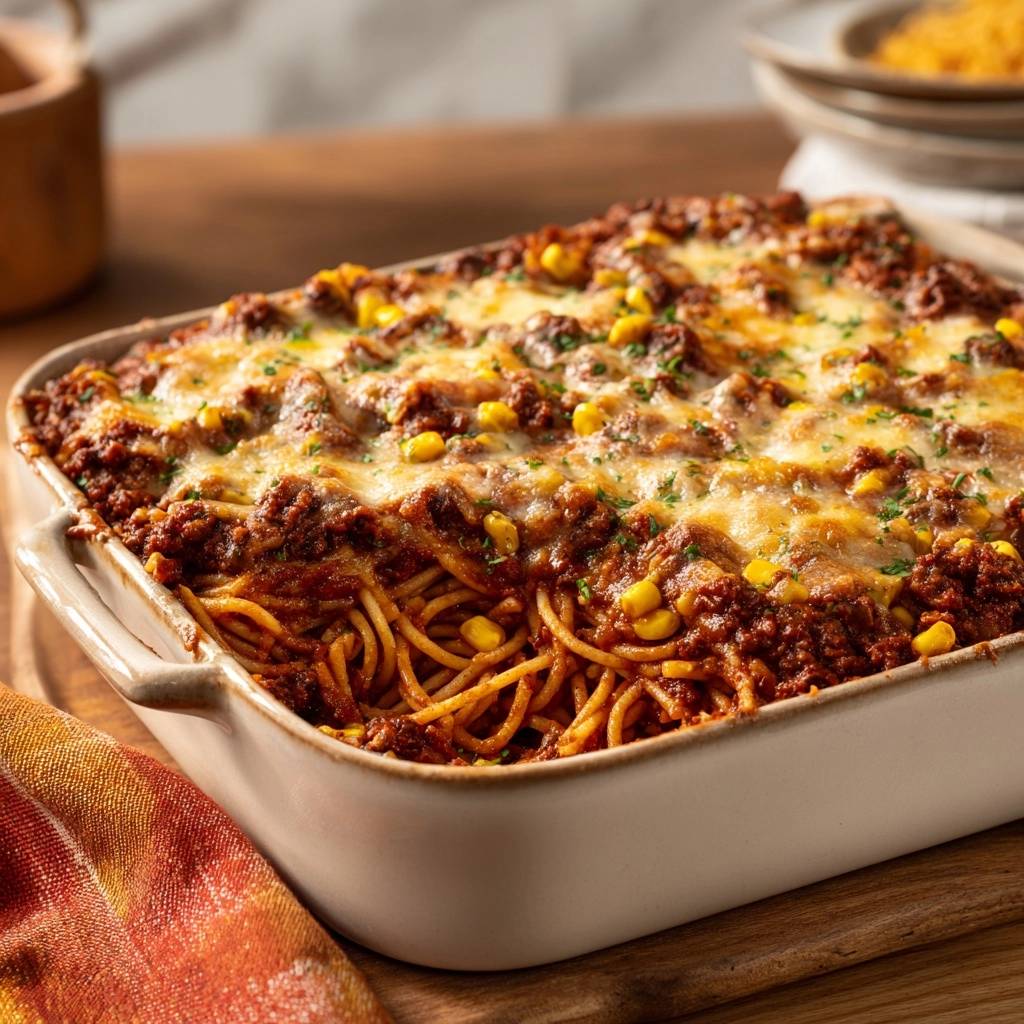 Spaghetti-Hack-Mais-Auflauf mit geschmolzenem Käse und Petersilie, Nahaufnahme im Auflaufgericht.