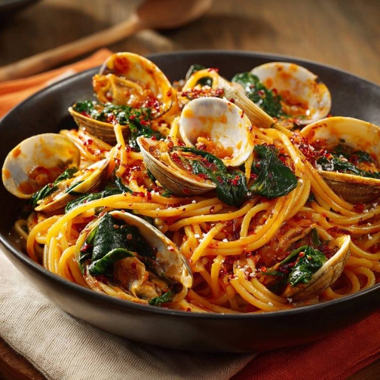 Spaghetti mit Vongole und Spinat, eine Nahaufnahme einer Schüssel mit Nudeln, Muscheln und einer roten Sauce.