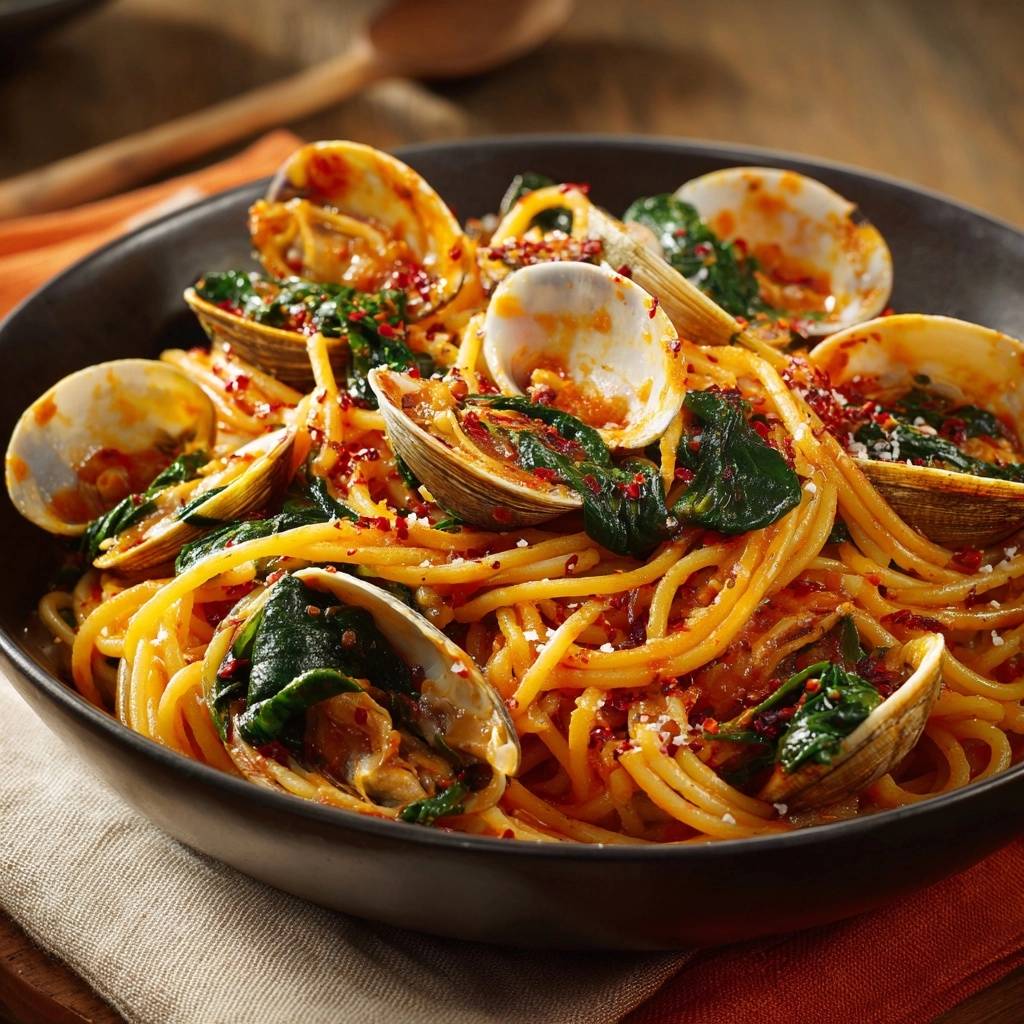 Spaghetti mit Vongole und Spinat, eine Nahaufnahme einer Schüssel mit Nudeln, Muscheln und einer roten Sauce.