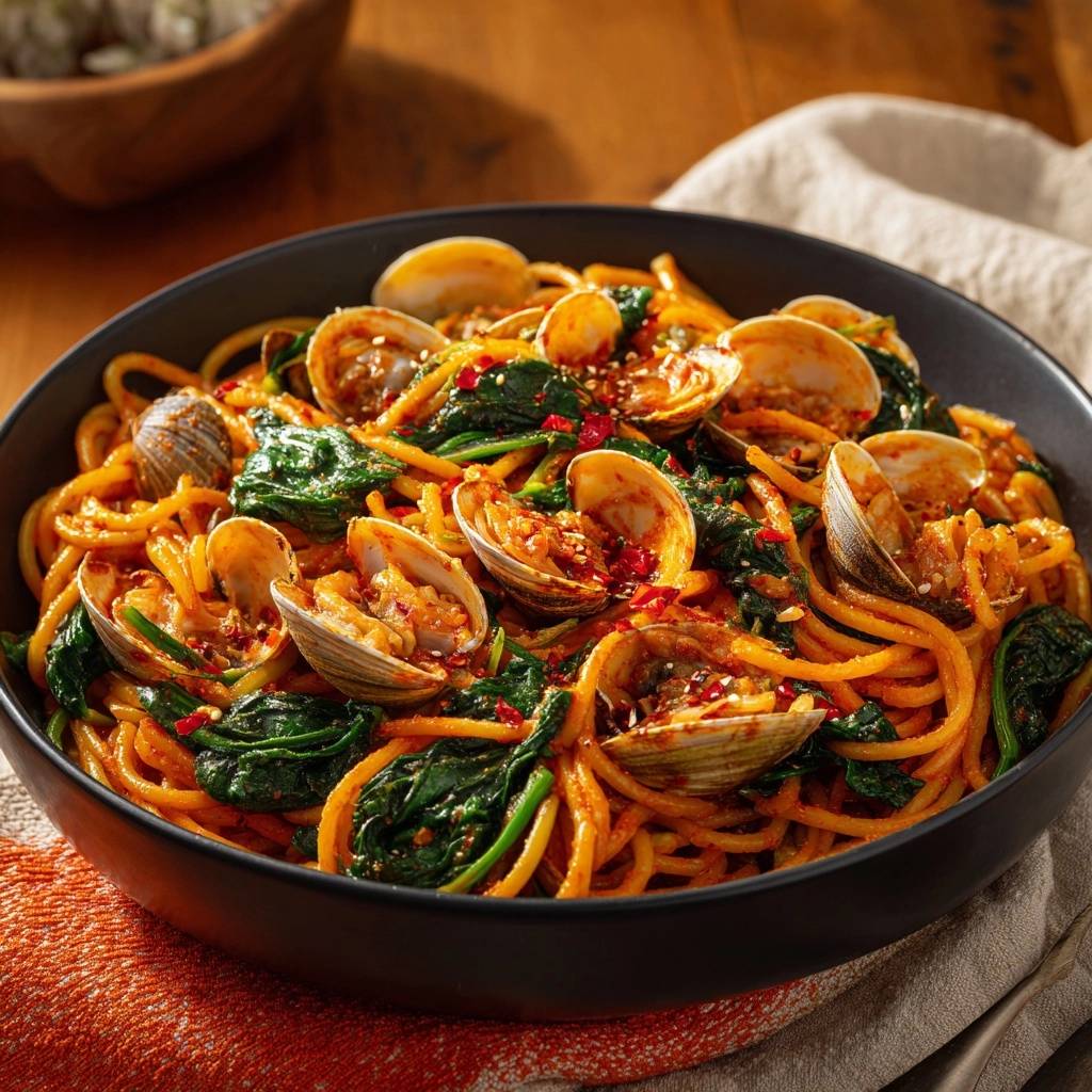 Spaghetti mit Vongole und Spinat in einer schwarzen Schale, nahaufnahme mit Muscheln und roten Chiliflocken