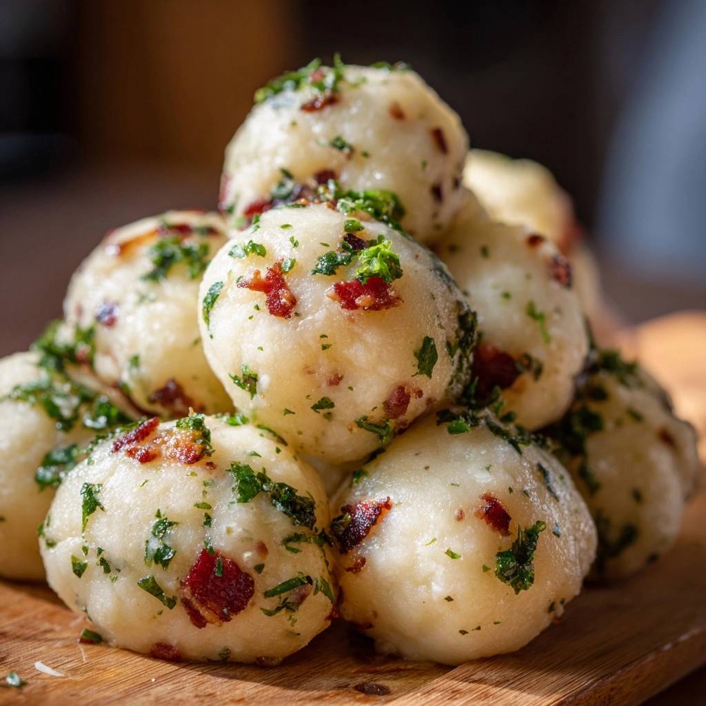 Speck-Kartoffelknödel mit Speckwürfeln und Petersilie garniert, Nahaufnahme auf einem Holzbrett