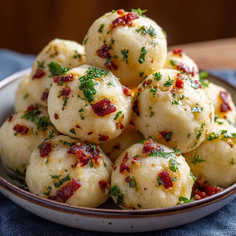 Speck-Kartoffelknödel als Nahaufnahme mit Speckstückchen und Petersilie garniert in einer Schüssel serviert