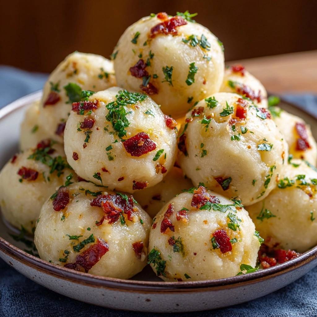 Speck-Kartoffelknödel als Nahaufnahme mit Speckstückchen und Petersilie garniert in einer Schüssel serviert