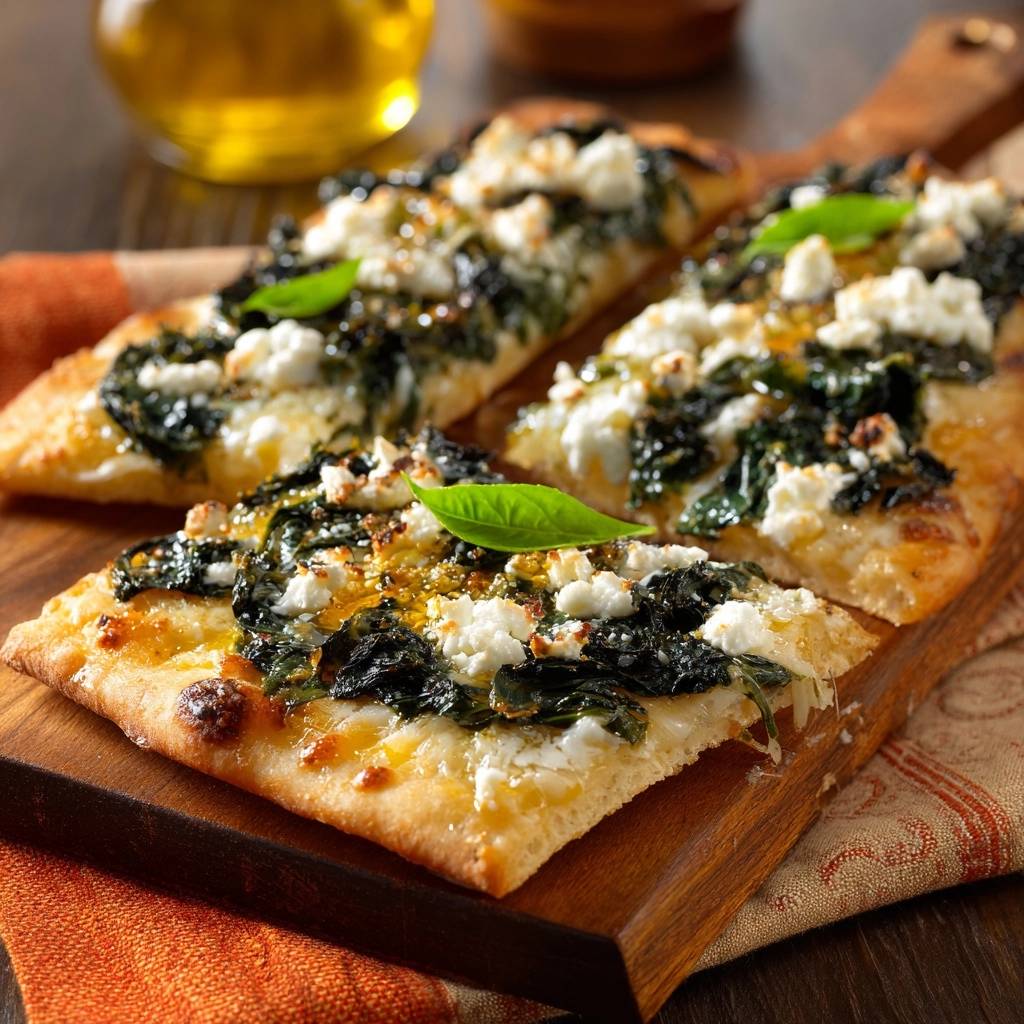 Knuspriges Spinat-Feta-Fladenbrot angeschnitten und auf einem Holzbrett serviert, mit frischem Basilikum garniert.