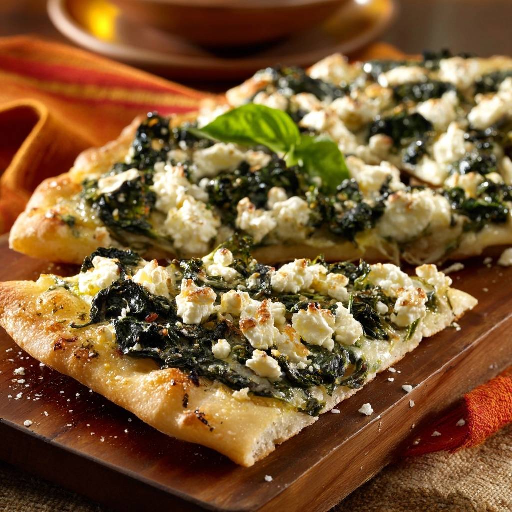Knuspriges Spinat-Feta-Fladenbrot angeschnitten, mit viel Feta-Käse und frischem Basilikum garniert.