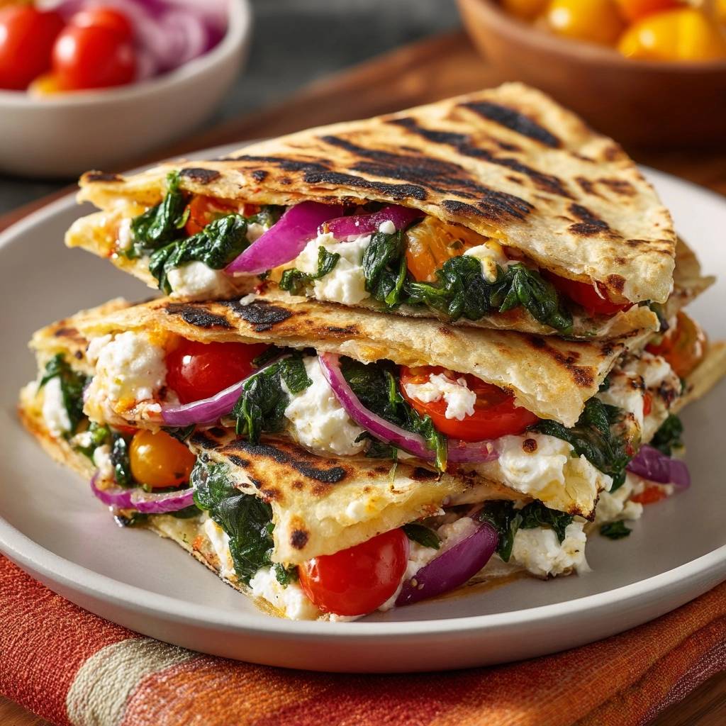 Knusprige Spinat-Feta-Quesadillas als gestapelte Portion, die den geschichteten, gefüllten Innenbereich zeigt.